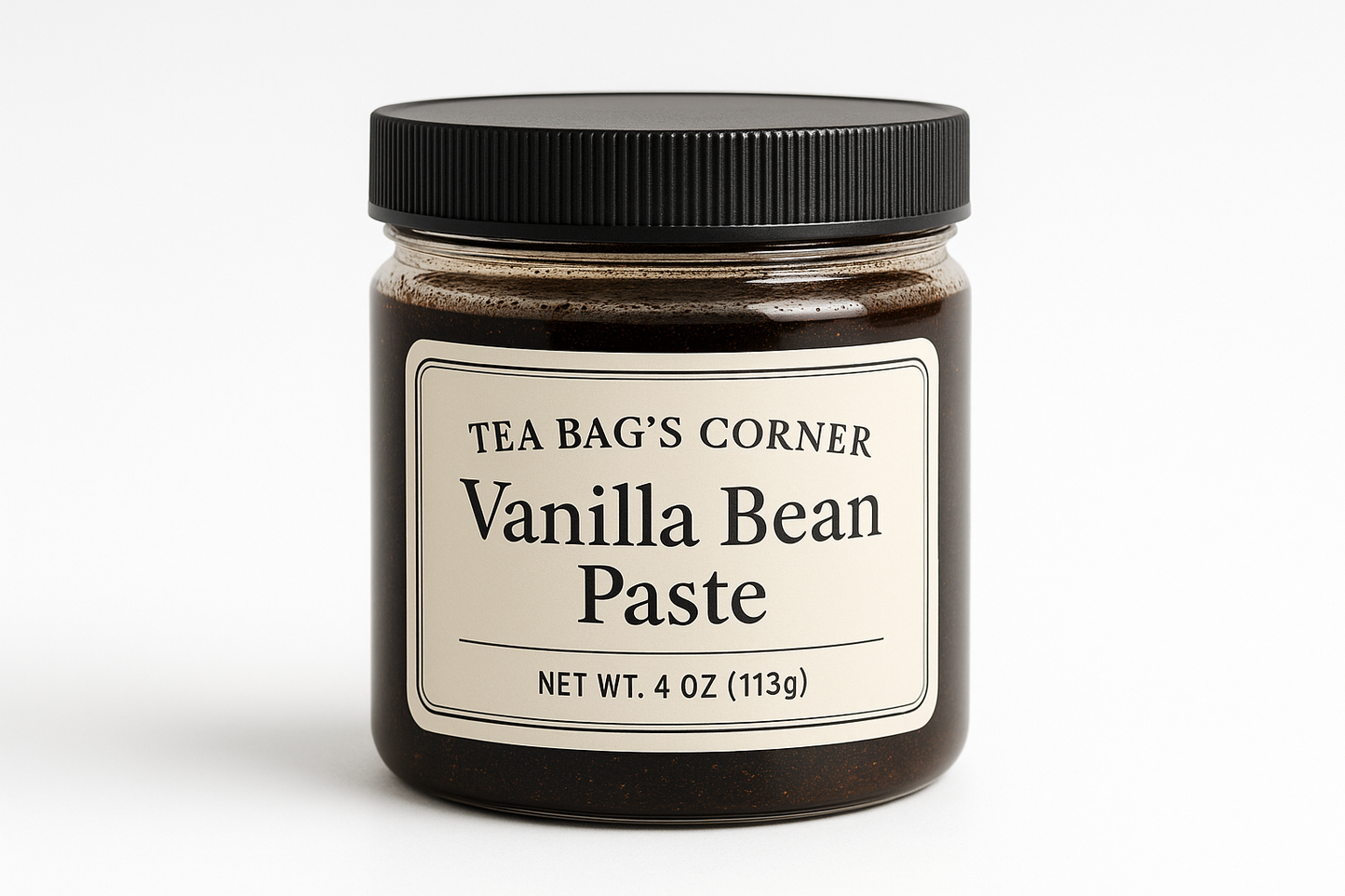 4 oz plastic jar of vanilla bean paste with the logo "Tea Bag's Corner Vanilla Bean Paste"
